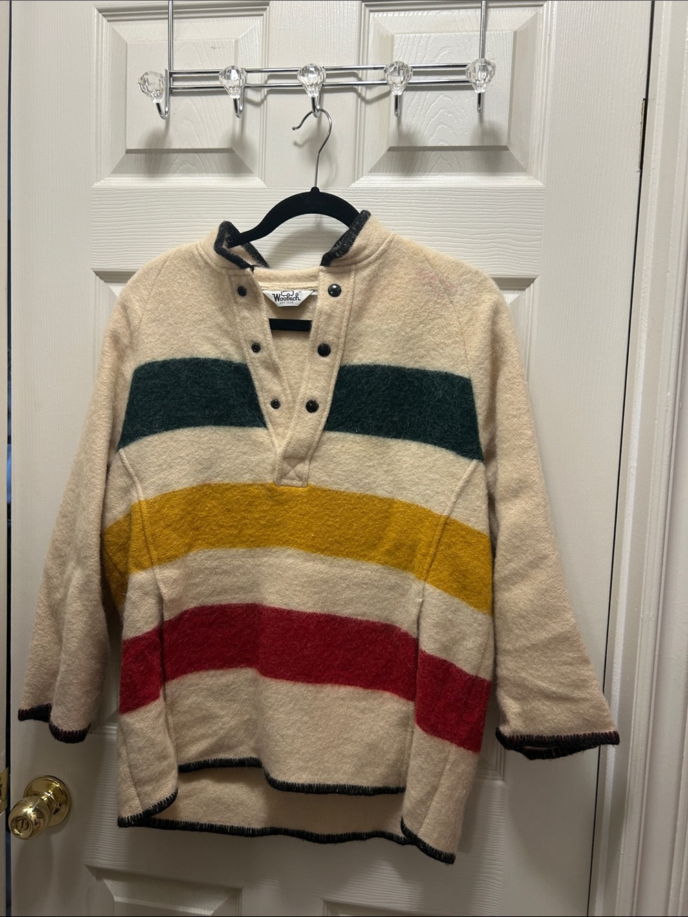 Woolrich Cream Sweater with Green, Gold & Red Stripes